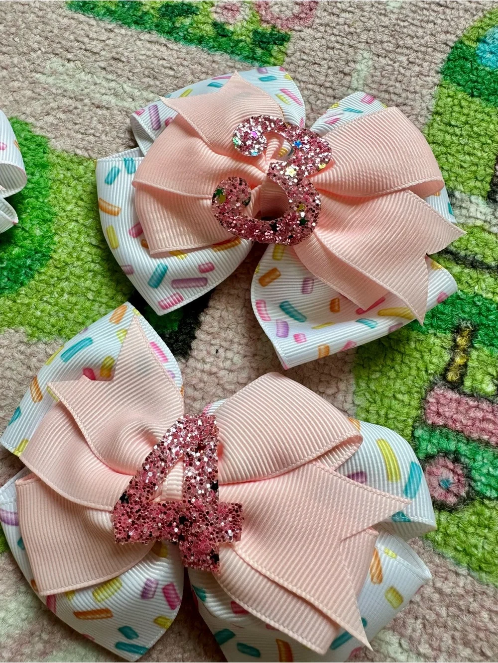 Happy Birthday Pink Sprinkles Layered Bow set with Glitter Numbers 1, 2, 3, 4